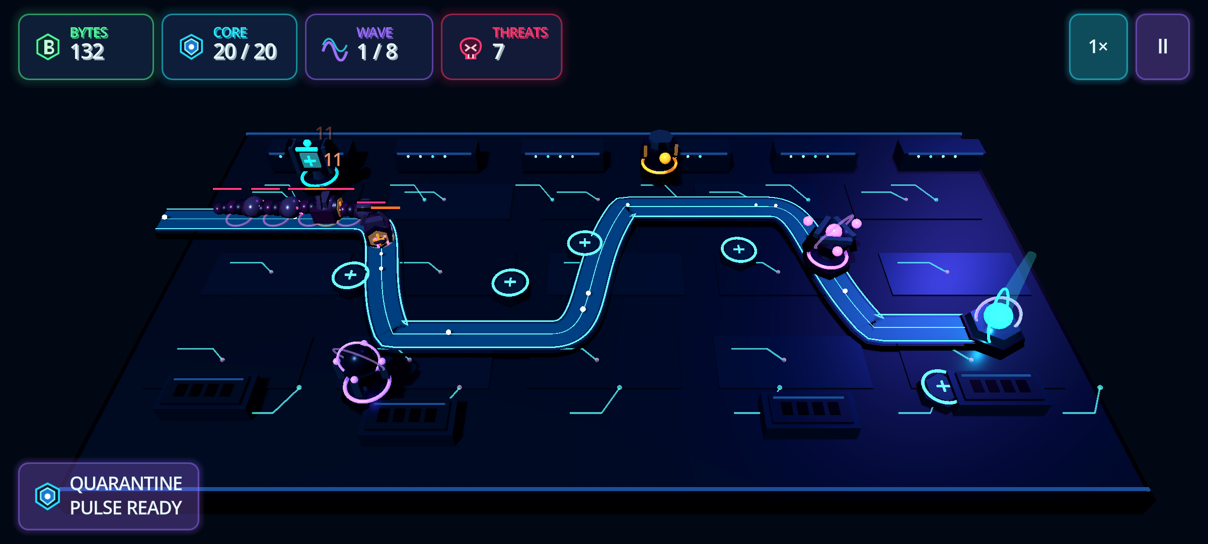 Byte Defense neon cybersecurity tower-defense gameplay